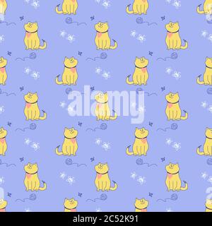 Template. Cute and funny red cat with a heart and a striped tail, a ball of thread, butterflies and a bee. Seamless pattern on a blue background. The Stock Vector