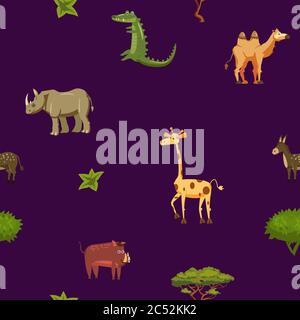 Animals Africa rhinoceros giraffe donkey crocodile boar camel seamless pattern. Vector illustration cartoon style Stock Vector