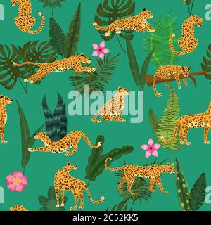 Leopards in different poses with tropical plants leaves flowers seamless pattern. Vector isolated trendy style Stock Vector