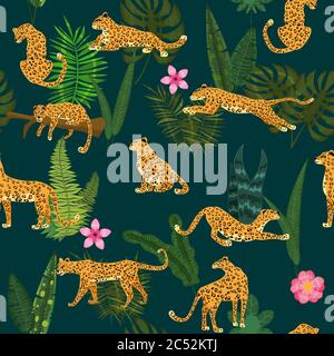 Leopards in different poses with tropical plants leaves flowers seamless pattern. Vector isolated trendy style Stock Vector