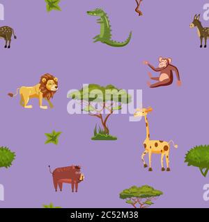 Animals Africa lion giraffe monkey crocodile boar seamless pattern. Vector illustration cartoon style Stock Vector