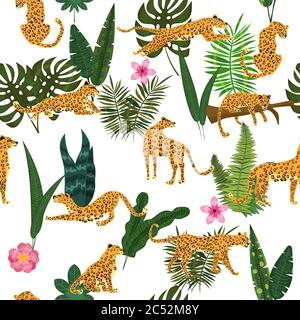 Leopards in different poses with tropical plants leaves flowers seamless pattern. Vector isolated trendy style Stock Vector
