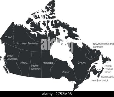 Map of Canada divided into 10 provinces and 3 territories. Administrative regions of Canada. Grey map with labels. Vector illustration. Stock Vector