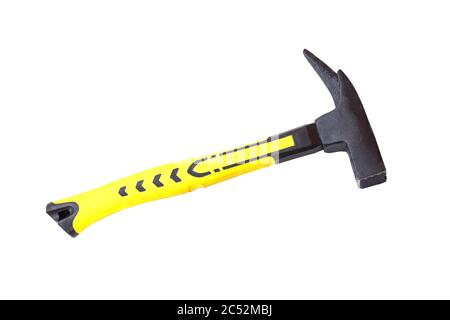 asian worker man in blue shirt with apron and protective gloves hand holding Shoveling fork isolated on white background with clipping path Stock Photo