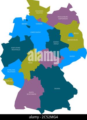 Map of Germany devided to 13 federal states and 3 city-states - Berlin, Bremen and Hamburg, Europe. Simple flat vector map in four colors with white labels. Stock Vector