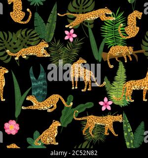 Leopards in different poses with tropical plants leaves flowers seamless pattern. Vector isolated trendy style Stock Vector