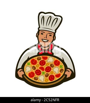 Chef with pizza logo. Menu design for cafe and restaurant Stock Vector