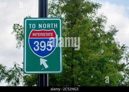 Washington, D.C. / USA - June 27 2020: Green road sign of North Interstate 395 in Washington. Stock Photo