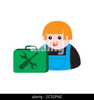 icon of a male mechanic with a suitcase of tools on a white isolated background. Vector image Stock Vector