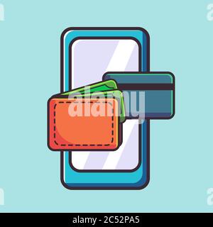 online credit concept. mobile phone, wallet and credit card icon vector Stock Vector