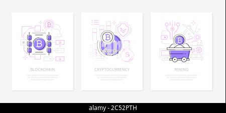 Cryptocurrency concept - line design style banners set Stock Vector