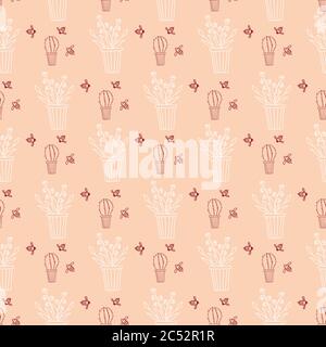 Template. Seamless pattern with burgundy and white contour of indoor plants in pots on a pink background. Cactus, flowers and bees. The concept of Stock Vector
