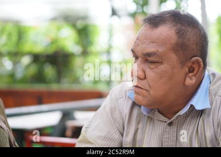 Close up portrait Senior Citizen aged elderly adult. Face reaction emotion. Stock Photo