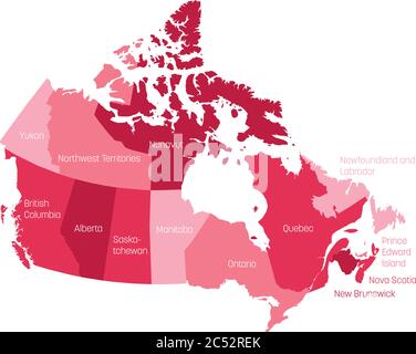 Map of Canada divided into 10 provinces and 3 territories. Administrative regions of Canada. Pink map with labels. Vector illustration. Stock Vector