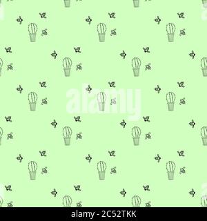 Seamless pattern. Seamless background with black contour drawing of a houseplant in a pot on a green background. Cactus and bees. Home, garden Stock Vector