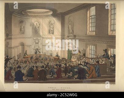 India House, London The Sale Room, 1808 with an auction going on). Stock Photo