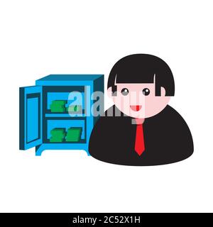 businessman icon with money safe on a white isolated plan. Vector image Stock Vector