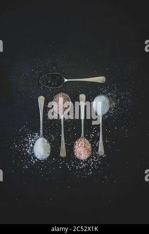 Antique silver spoons with various types of salts and spices laid out in patterns on a dark textured background Stock Photo