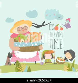 Cartoon grandmother holding basket with vegetables. Harvest time Stock Vector