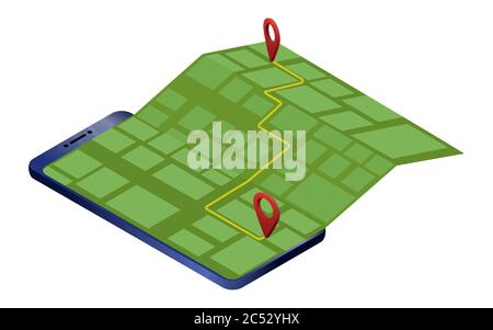 map on smartphone screen isometric illustration. concept mobile app for navigation. Stock Vector