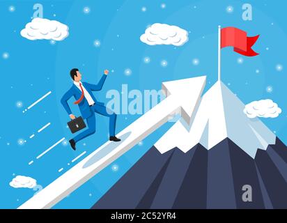 Businessman on chart ladder is fast running with waving necktie and briefcase. Goal setting. Smart goal. Business target concept. Achievement and success. Vector illustration in flat style Stock Vector