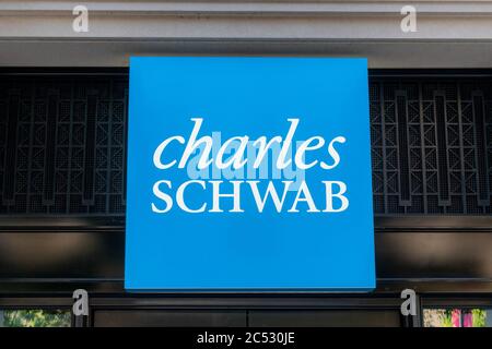 Washington, D.C. / USA - June 25 2020: Sign outside of Charles Schwab in downtown Washington. Stock Photo