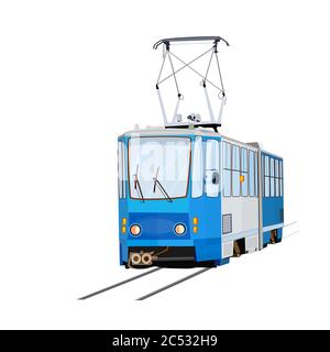 Tram isolated on white background. City blue trolley. Cartoon public transport. Passengers, people transportation service. Stock vector illustration Stock Vector