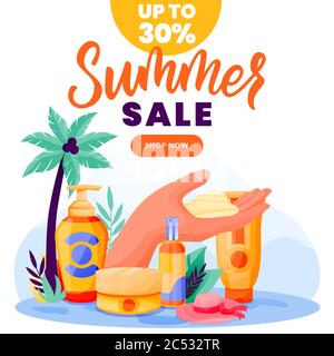 Sunblock and summer cosmetic sale banner, poster design template. Vector flat cartoon illustration of sunscreen packaging on palm beach background. Fa Stock Vector