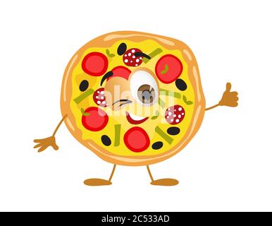 Funny Pizza with eyes on white background, funny products series, flat vector illustration Stock Vector