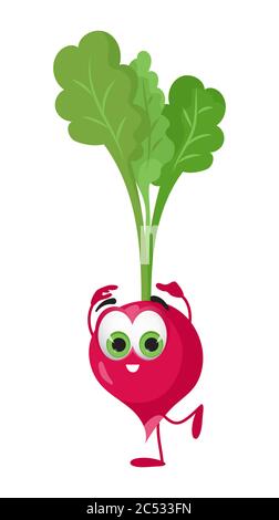 Funny Radish with eyes on white background. Cartoon funny vegetables characters flat vector illustration Stock Vector