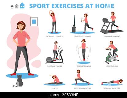 Sport Exercises at Home concept, flat vector illustration Stock Vector