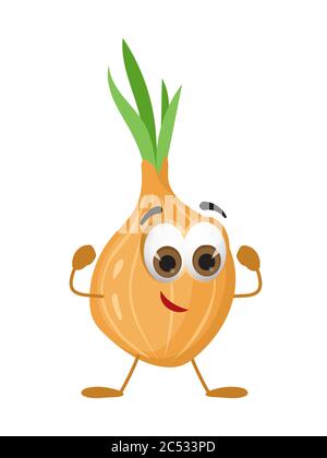 Funny Onion with eyes on white background. Cartoon funny vegetables characters flat vector illustration Stock Vector