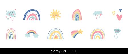 Hand drawn rainbows, sun, funny clouds, stars, hearts on white background. Baby shower. Cute kids nursery set. Lovely cartoon rainbows. Vector Stock Vector