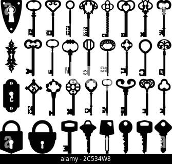 Set of keyholes, modern keys, decorative old keys and locks icons. Vector illustration. Stock Vector