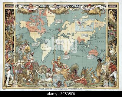 Imperial Federation, Map of the World Showing the Extent of the British Empire in 1886 (levelled). Stock Photo