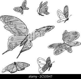 Set of hand drawn butterflies. Vector illustration. Stock Vector