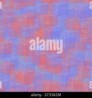 Transparent Blue Red Cubes Seamless Pattern, 3D Illustration Stock Vector