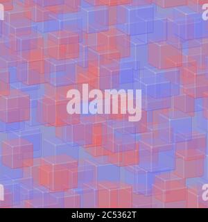 Transparent Blue Red Cubes Seamless Pattern, 3D Illustration Stock Vector