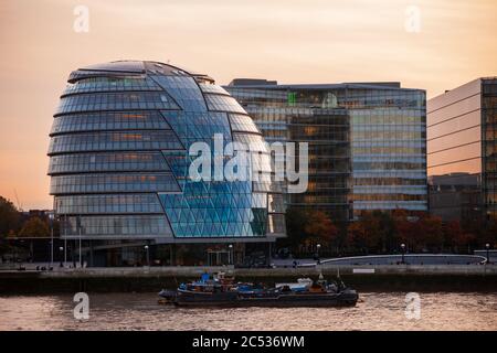 LONDON, UK - OCTOBER 30, 2012: Southern bank of the River Thames with City Hall designed by Norman Foster and opened in July 2002 Stock Photo