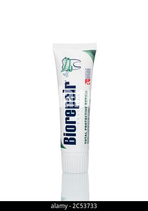Varese, Italy - June 13, 2020: Biorepair - total protective repair, toothpaste tube isolated on white background. Oral Care product. Stock Photo