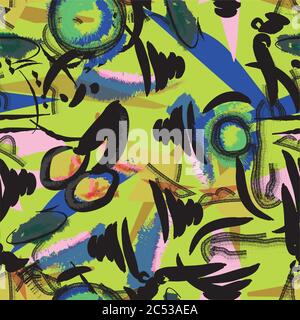 Vector rough brush stroke and abstract layer shapes seamless repeat pattern. neon green background. apparel fashion print. Stock Vector