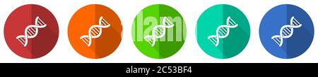 Dna, genetic molecule icon set, red, blue, green and orange flat design web buttons isolated on white background, vector illustration Stock Vector