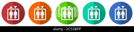 Elevator, lift icon set, red, blue, green and orange flat design web buttons isolated on white background, vector illustration Stock Vector
