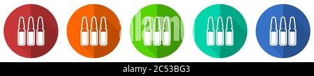 Vaccine ampules icon set, red, blue, green and orange flat design web buttons isolated on white background, vector illustration Stock Vector