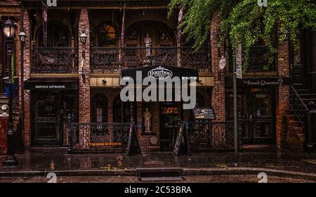 New York City, USA, May 2019, view of the facade of the Boubon Street building a bar & grill place in Hell's Kitchen on a rainy day Stock Photo