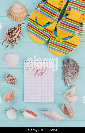 Pair of multi-colored rubber slippers on a blue background and near seashells. Stock Photo