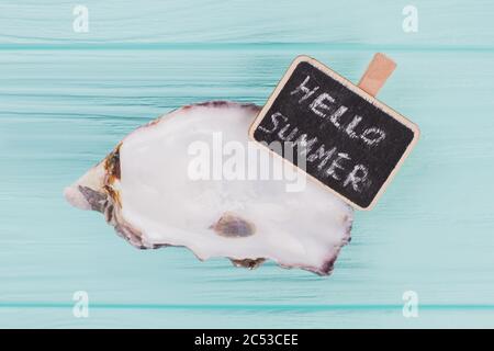 Flat lay little seashell with sign Hello sea on turquoise background. Stock Photo