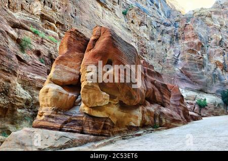 Cliff called the Elephant in Siq canyon in Petra. Lost rock city of Jordan. UNESCO world heritage site and one of The New 7 Wonders of the World Stock Photo