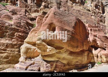 Cliff called the Elephant or Fish in Siq canyon in Petra. Lost rock city of Jordan. UNESCO world heritage site and one of The New 7 Wonders of the Wor Stock Photo