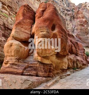 Cliff called the Elephant in Siq canyon in Petra. Lost rock city of Jordan. UNESCO world heritage site and one of The New 7 Wonders of the World Stock Photo